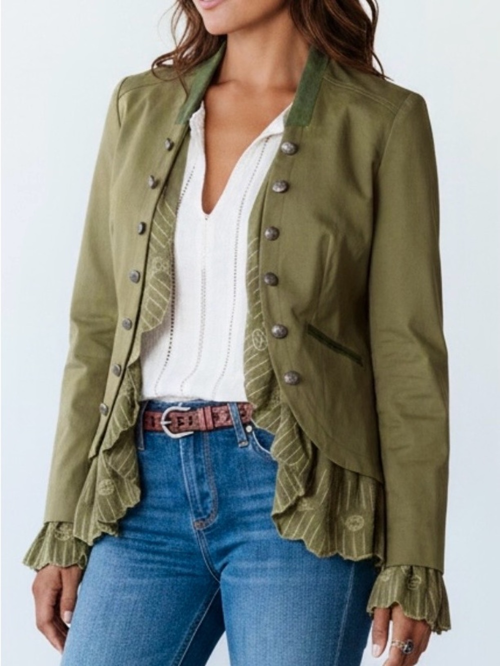 NWT Sundance Caroline Military Ruffle Jacket Army Olive Green Embroidered M
